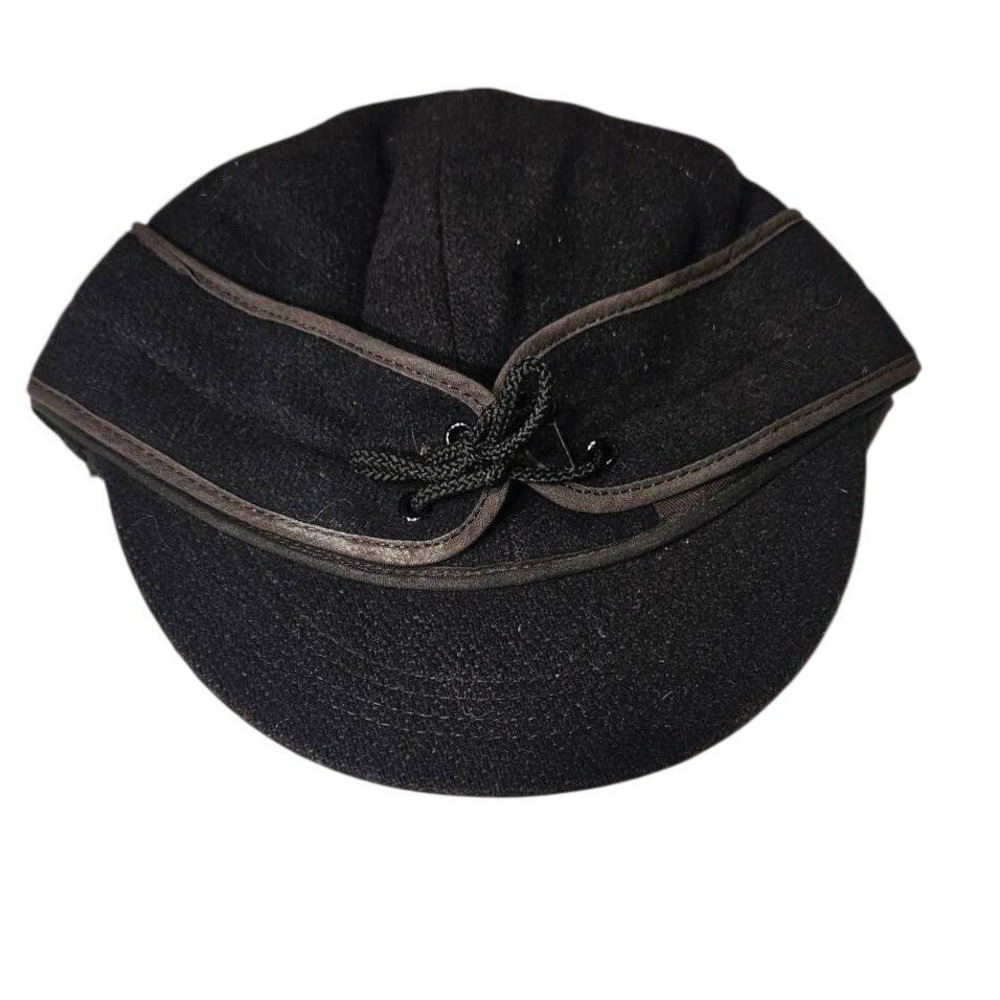 Mens Navy Blue Wool Kromer Style Winter Hat w/Tie Front Ear Flaps Quilted Lined‎